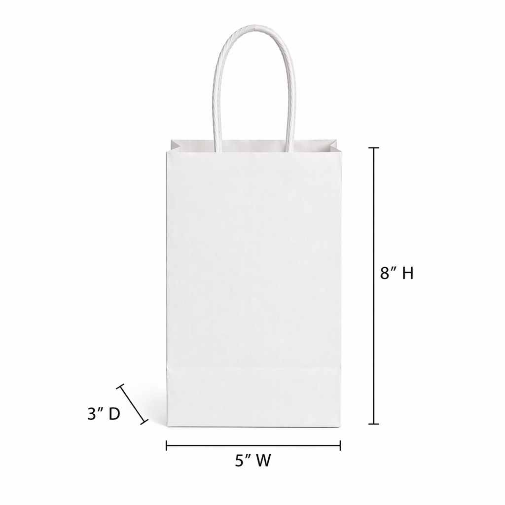 5.25X3.25X8.375 White Kraft Shopping Bags - case of 250